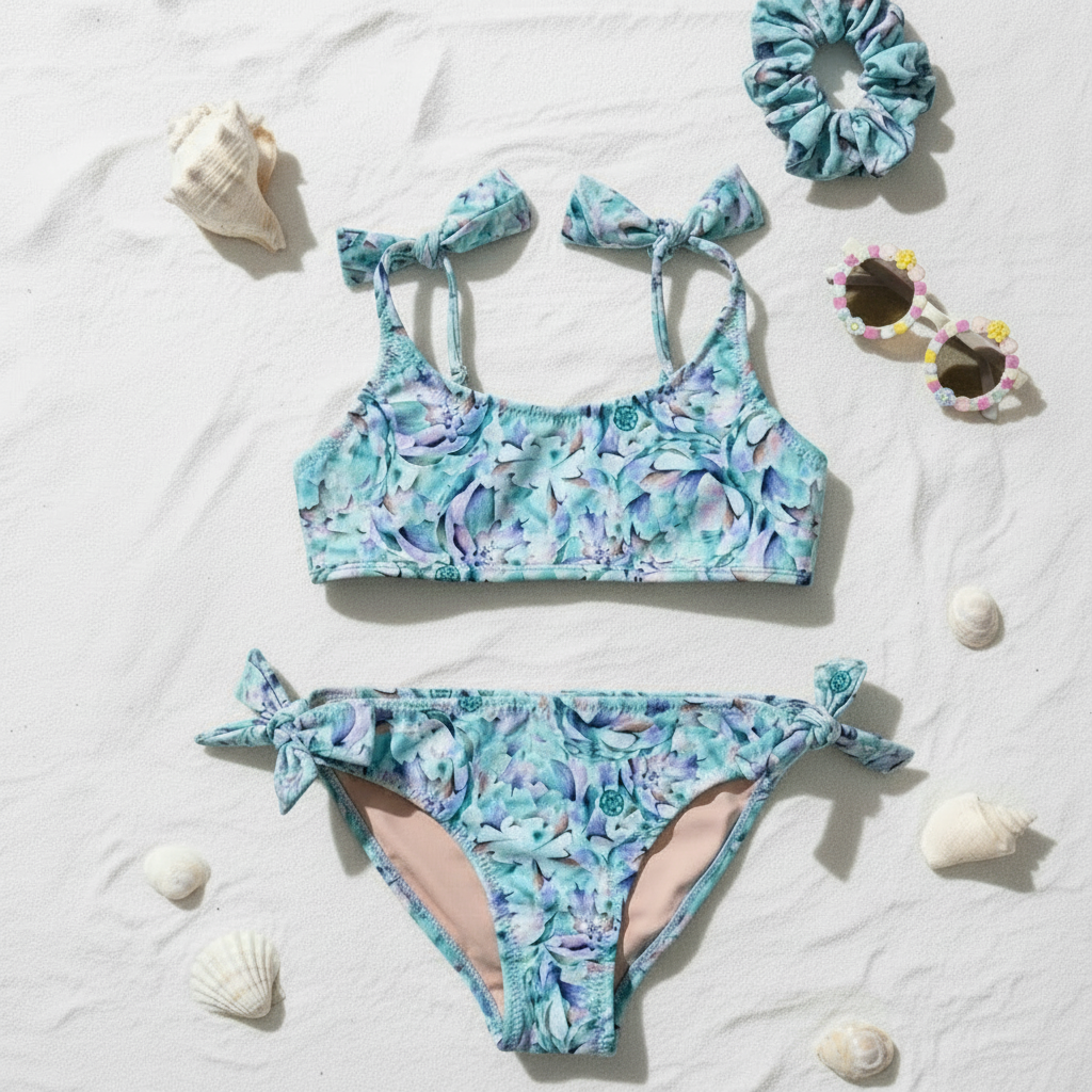 Aesthetic flatlay of kids turquoise floral bikini with kids sunglasses