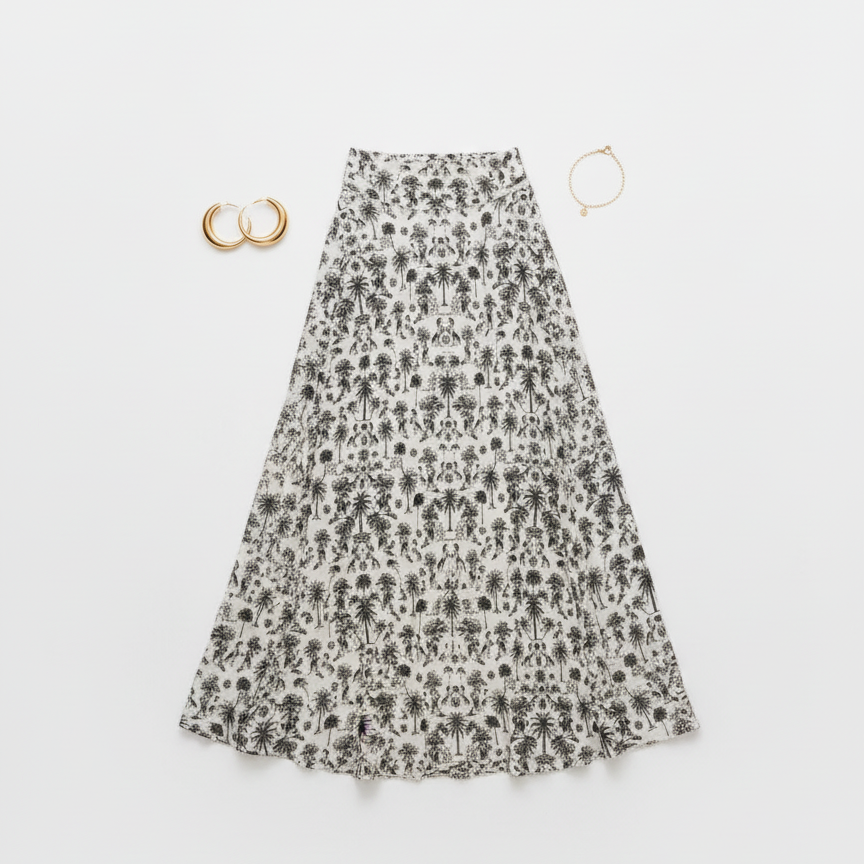 Flat lay of white horse print skirt with accessories