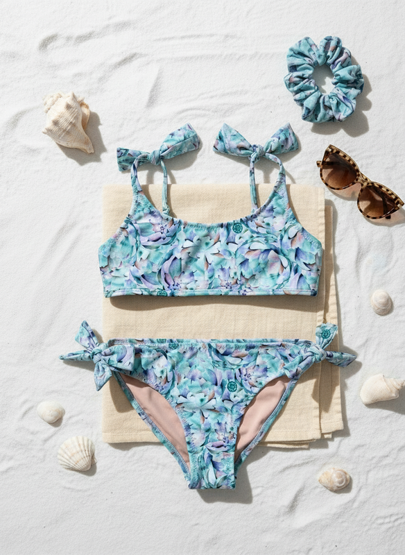 Minimalist flat lay with artichoke print mini bikini