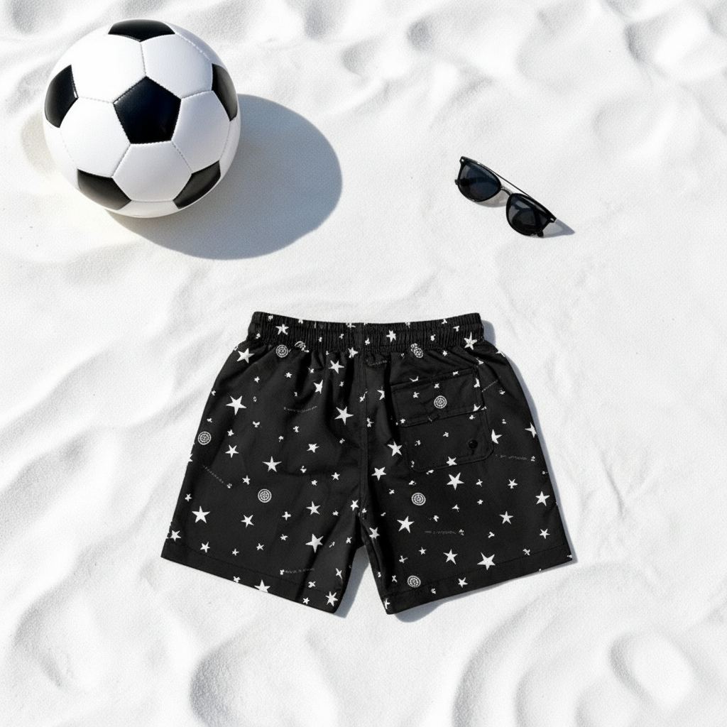Minimalist flat lay with boy swim shorts in star print