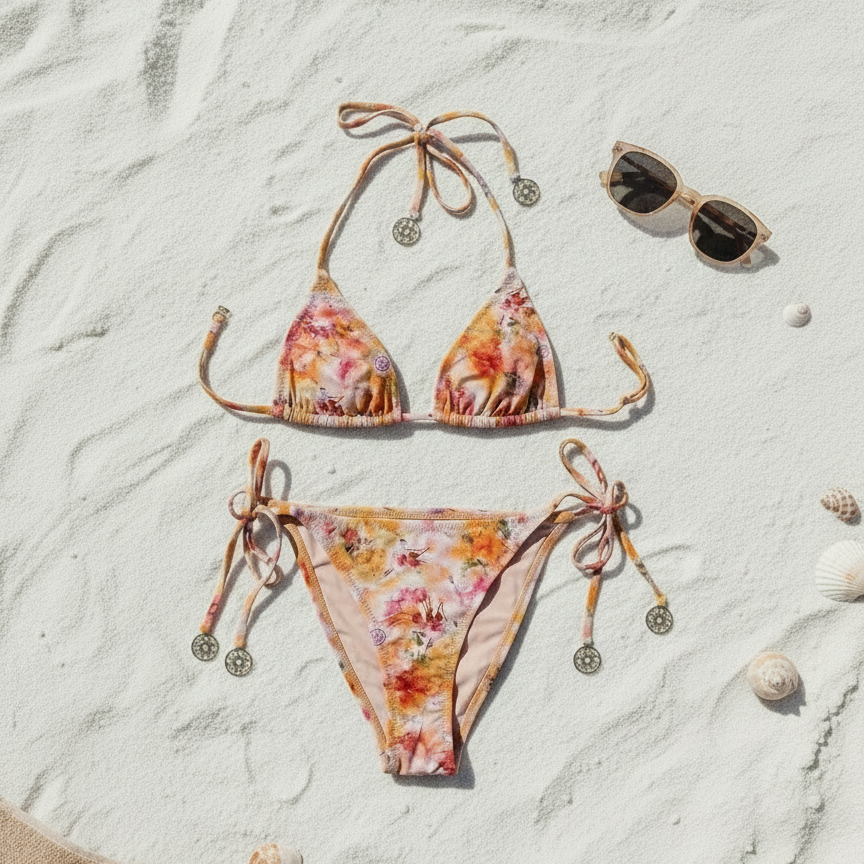 Minimalist flat lay with floral print bikini, towel and shells