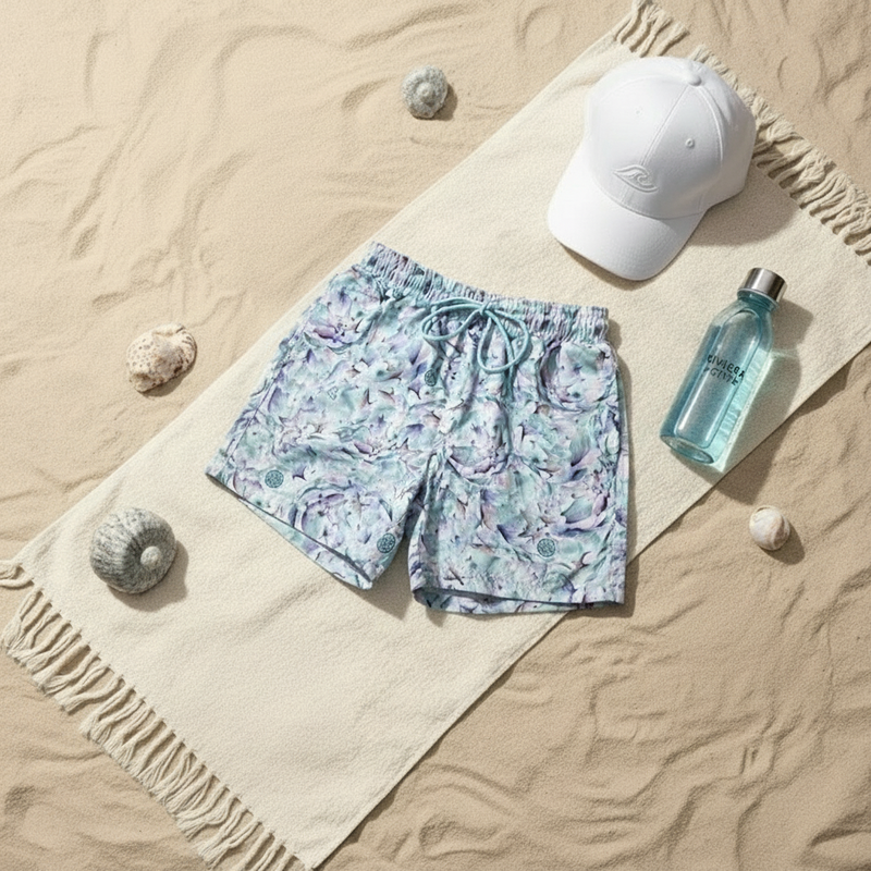 Minimalist flat lay with floral print swim shorts without GoPro