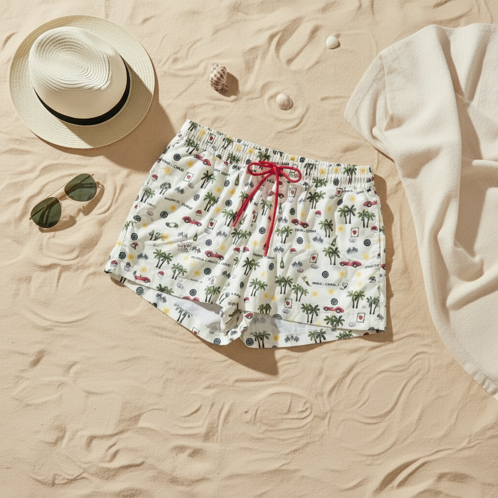 Minimalist flat lay with Monte-Carlo print swim shorts on darker sand