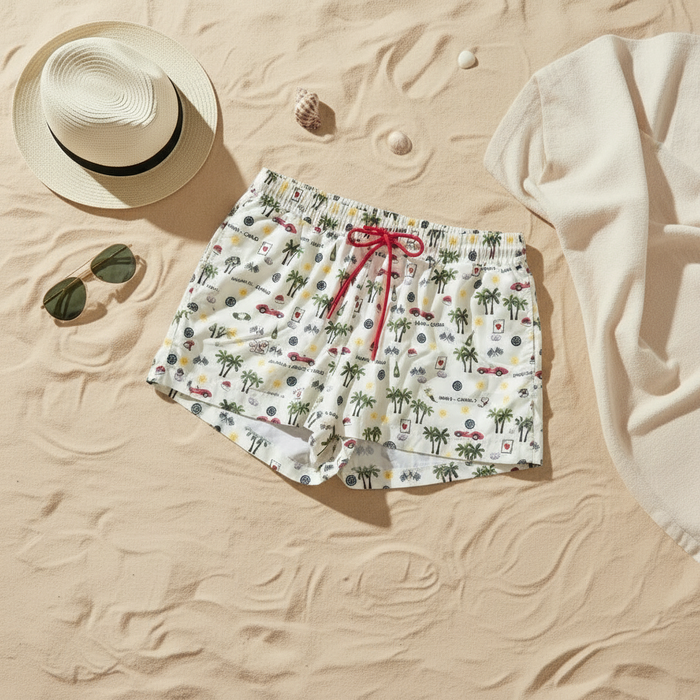 Minimalist flat lay with Monte-Carlo print swim shorts on darker sand
