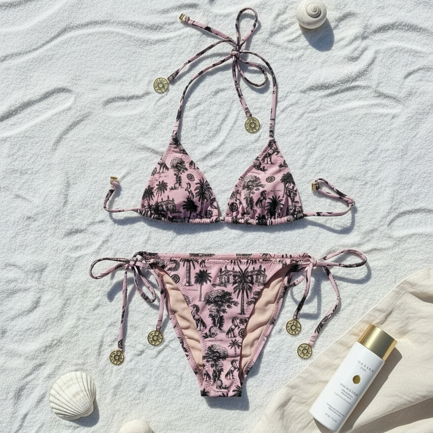 Minimalist flat lay with pink horse print bikini