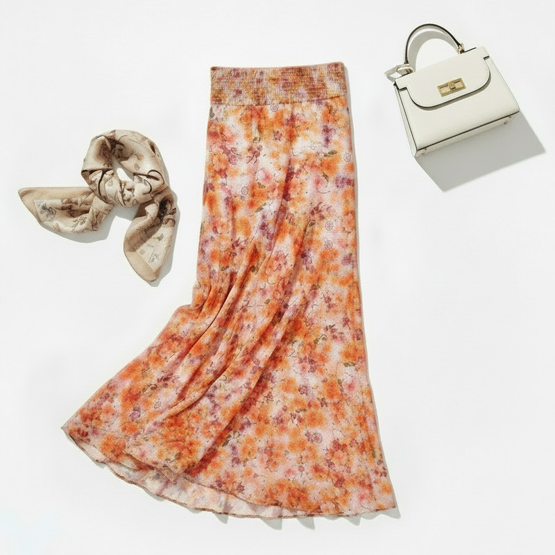 Minimalist flat lay with scarf at top of skirt