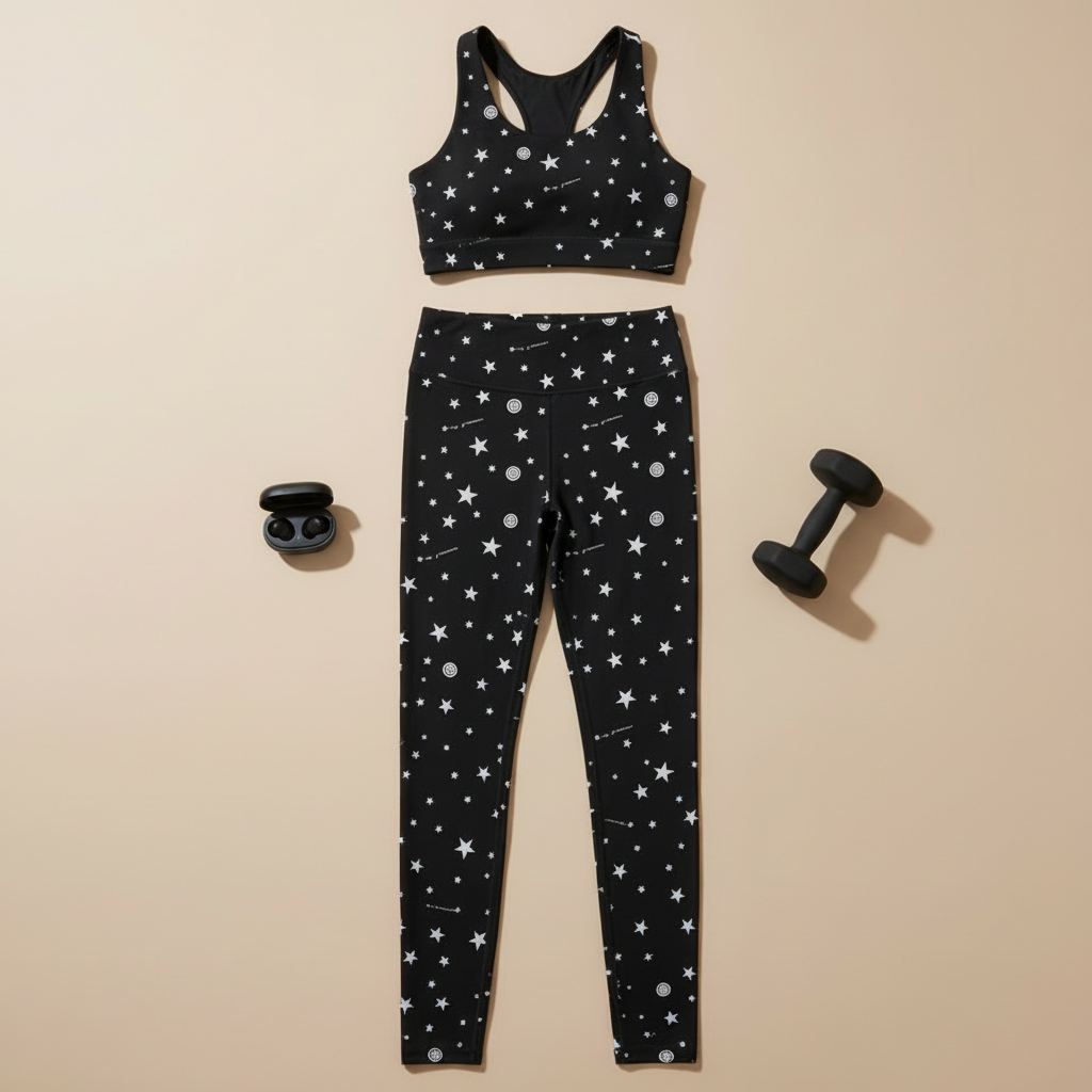 Minimalist flat lay with star print activewear set and weights