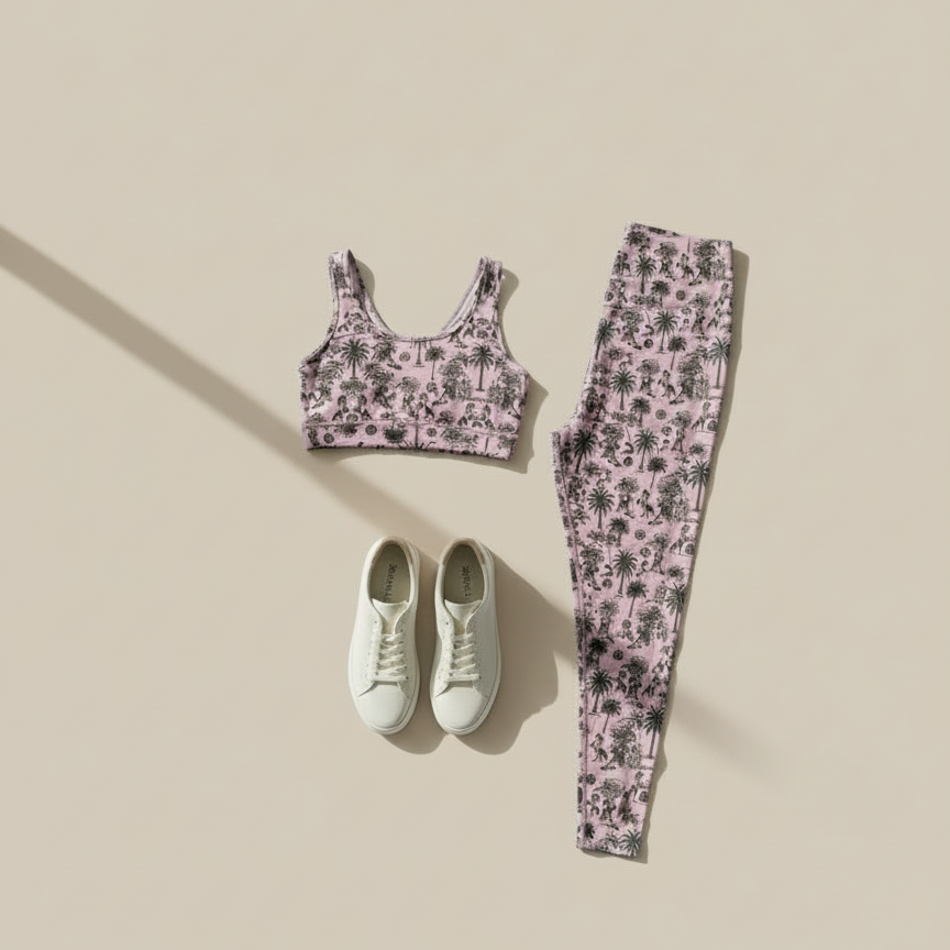 Pink horse print activewear on solid plain background