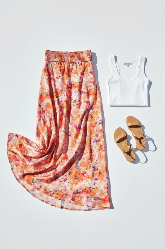 Silk skirt flatlay with tank top and sandals